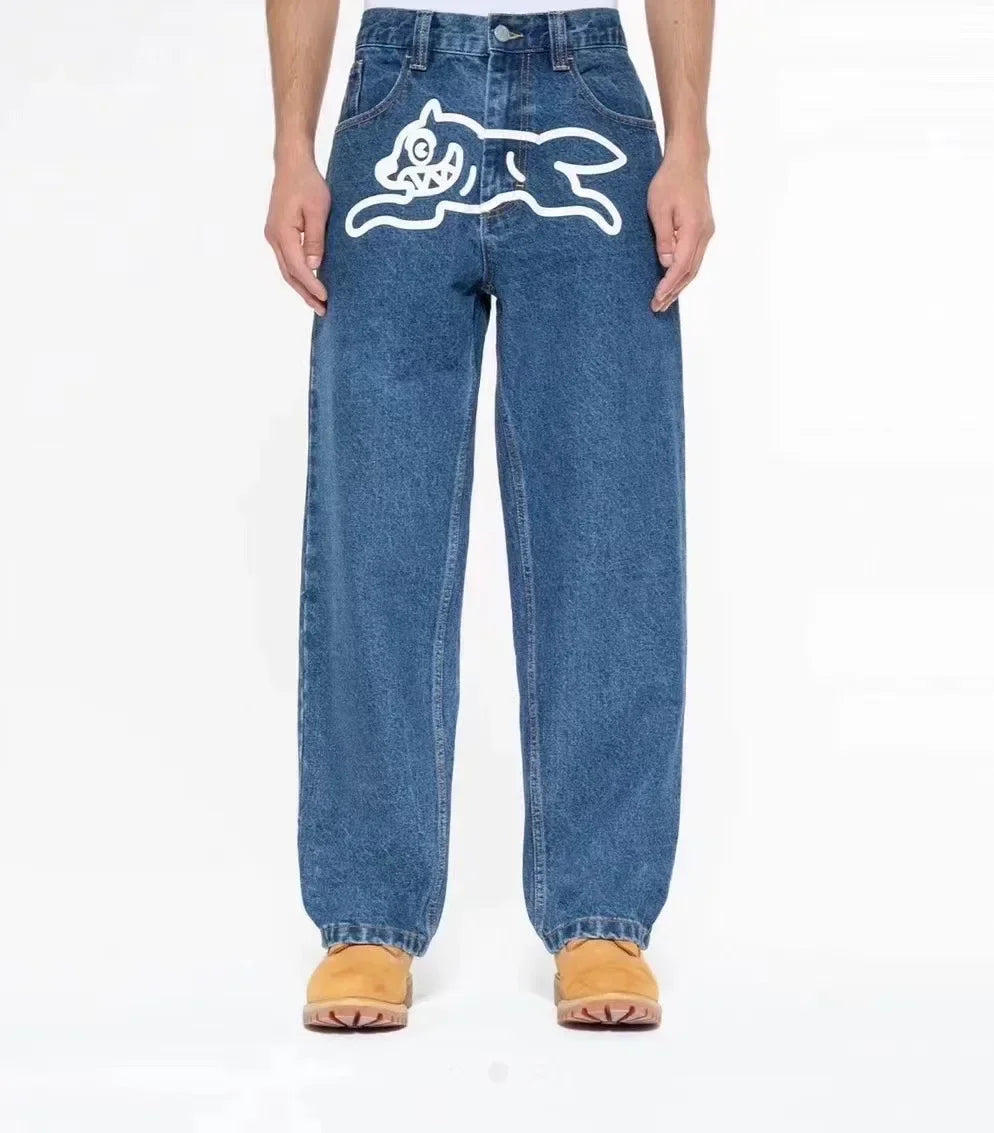 Harajuku Luxury Men Flying Dog Jeans Graphic Printed Y2k Pants Wide Leg Loosen Fit Vintage Denim Clothing For Male