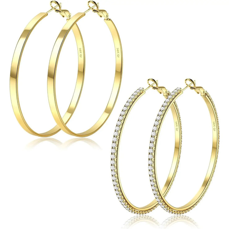 Fansilver S925 Silver Earrings 14K Gold Plated Large Hoop Earrings for Women Elegant Vintage Lightweight Thin Big Hoops Set