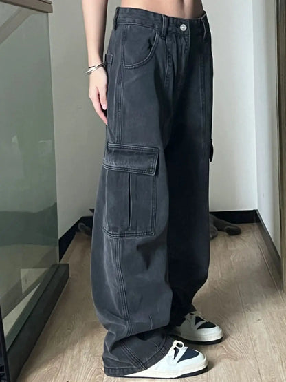 Autumn Women Harajuku Cargo Baggy Blue Jeans Streetwear Hip Hop Oversize Casual Wide Leg Vintage Demin Pants Y2k Loose Trousers