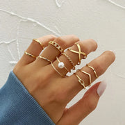 Boho Gold Color Heart Rings Set For Women Vintage Geometric Cross Pearl Butterfly Finger Rings Female Trendy Jewelry Gift