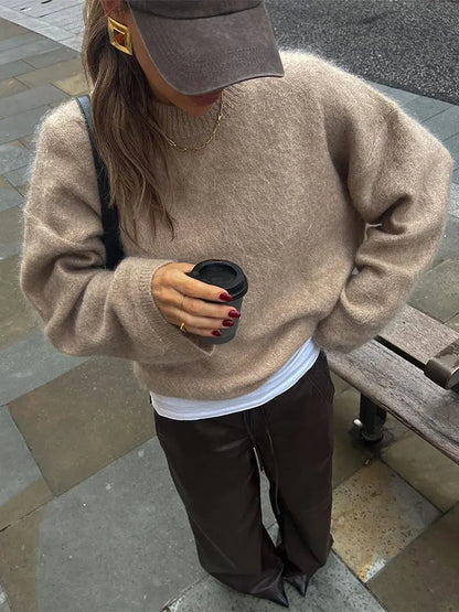 Soft Solid Mohair Knitted Pullover For Women Casual Loose O-neck Long Sleeve Sweater 2024 Autumn New Female High Street Knitwear
