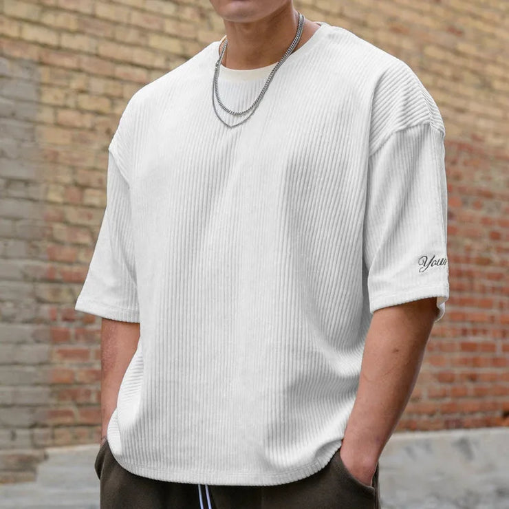 New Fitness Sports Exercise Men's Corduroy Loose T-shirt Summer Crewneck Cotton Running Loose Short Sleeve