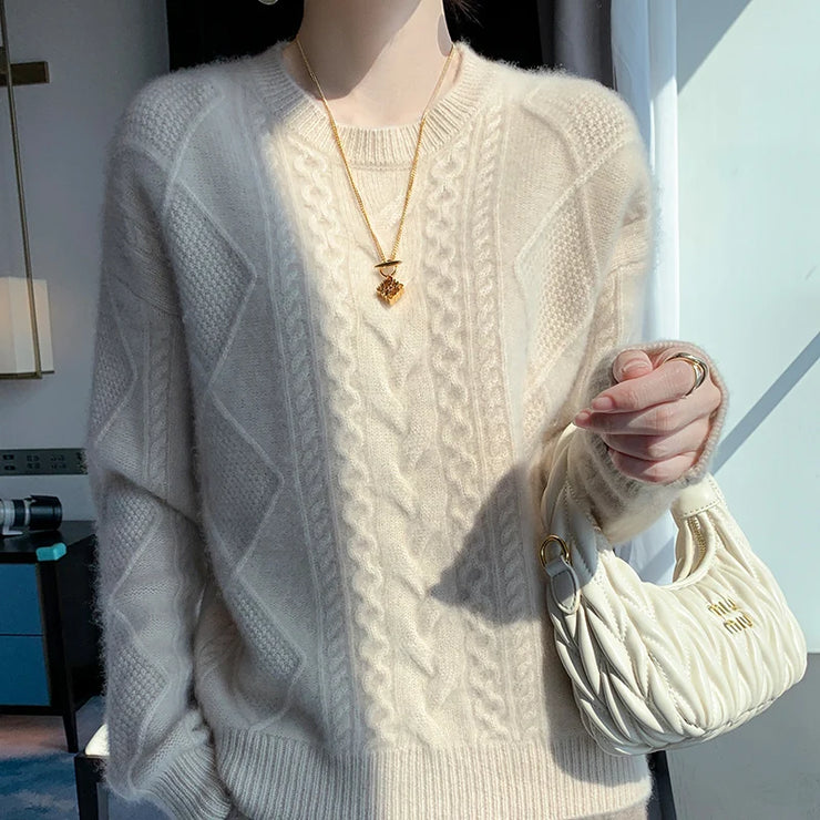 Enlarged And Thickened Merino Wool Sweater Women's Round Neck Autumn Winter New Long Sleeved New Cashmere Knit Pullover Top