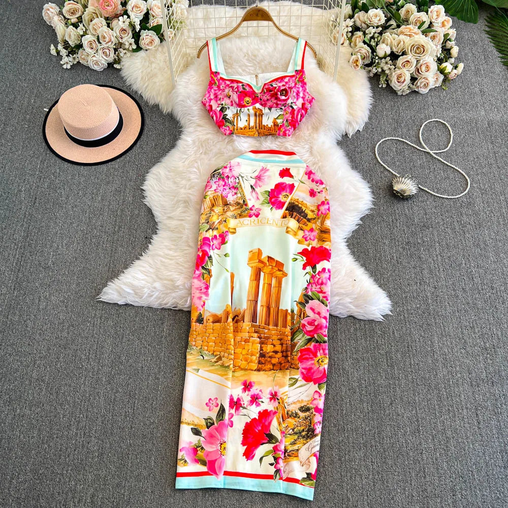 Fashion Summer Holiday Flower Two Piece Set Women Sexy Crops Tops Midi Skirts Suits 2pcs Outfits Long Pencil Skirts