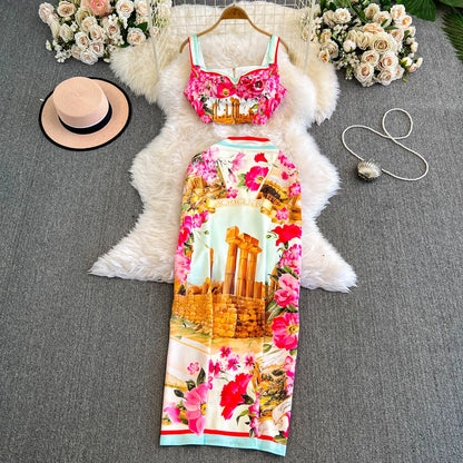 Fashion Summer Holiday Flower Two Piece Set Women Sexy Crops Tops Midi Skirts Suits 2pcs Outfits Long Pencil Skirts