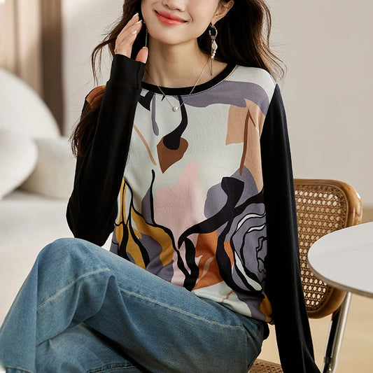 Elegant and Comfortable Ladies' Long Sleeve T-shirts Fashion Print Tees for Women Spring Autumn Daily T-shirts Casual Top