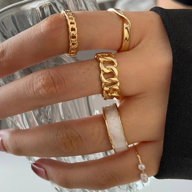 Boho Gold Color Heart Rings Set For Women Vintage Geometric Cross Pearl Butterfly Finger Rings Female Trendy Jewelry Gift