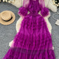 SINGREINY Elegante Vestido de Malla con Mangas Acampanadas y Hombros Descubiertos, Fruncido, Sólido, para Mujer, Otoño, Vestidos de Fiesta de Lujo para Personas Mayores