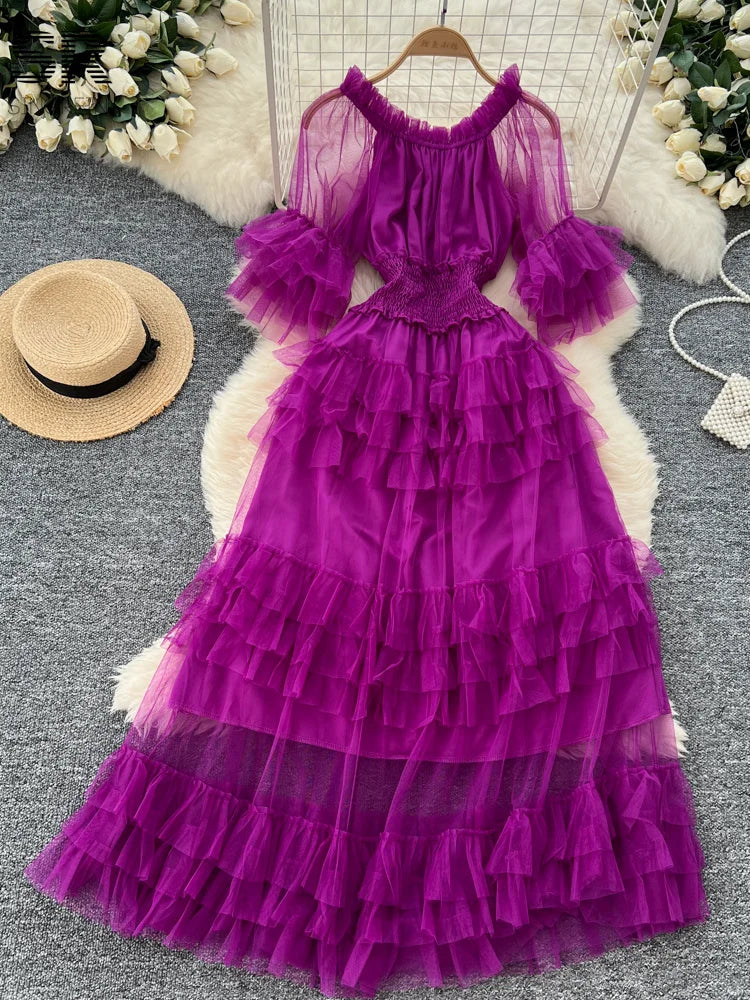 SINGREINY Elegante Vestido de Malla con Mangas Acampanadas y Hombros Descubiertos, Fruncido, Sólido, para Mujer, Otoño, Vestidos de Fiesta de Lujo para Personas Mayores