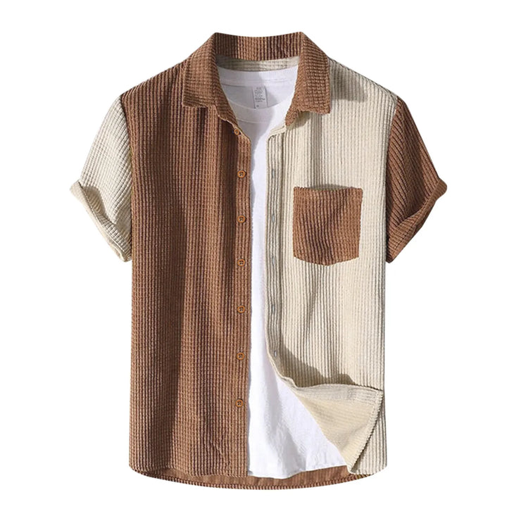 Male Corduroy Summer Sets Beach Short Sleeve Shirt Patchwork Drawstring Shorts Set With Pocket Men Suits Conjuntos De Hombre