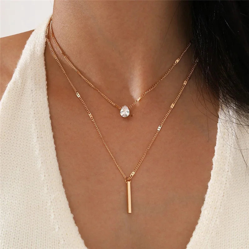 Fashion Crystal Zircon Heart Star Charm Layered Pendant Necklace Set for Women Charms Square Rhinestone Female Vintage Jewelry