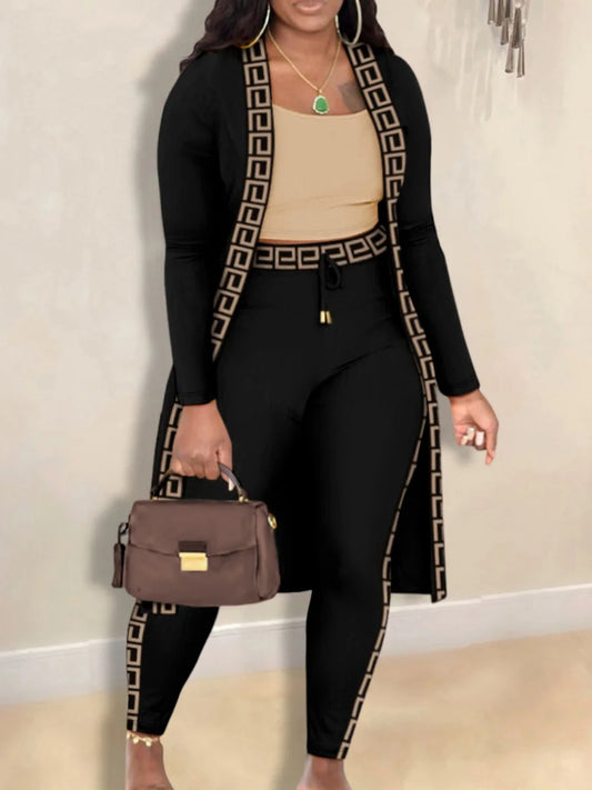 LW Plus Size Autumn Winter 2 Piece Sets Women Outfit Cami Pattern U Neck Long Sleeve Drawstring Three Piece Skinny Pants Set