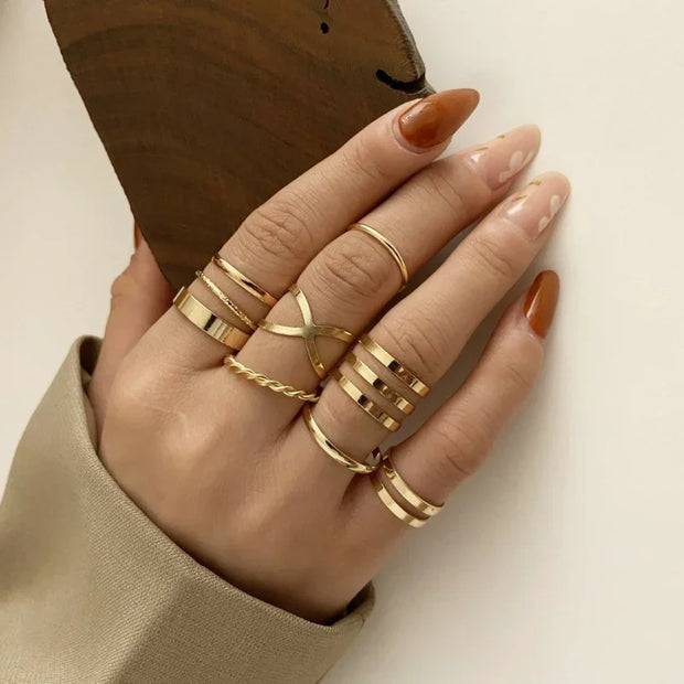 Boho Gold Color Heart Rings Set For Women Vintage Geometric Cross Pearl Butterfly Finger Rings Female Trendy Jewelry Gift