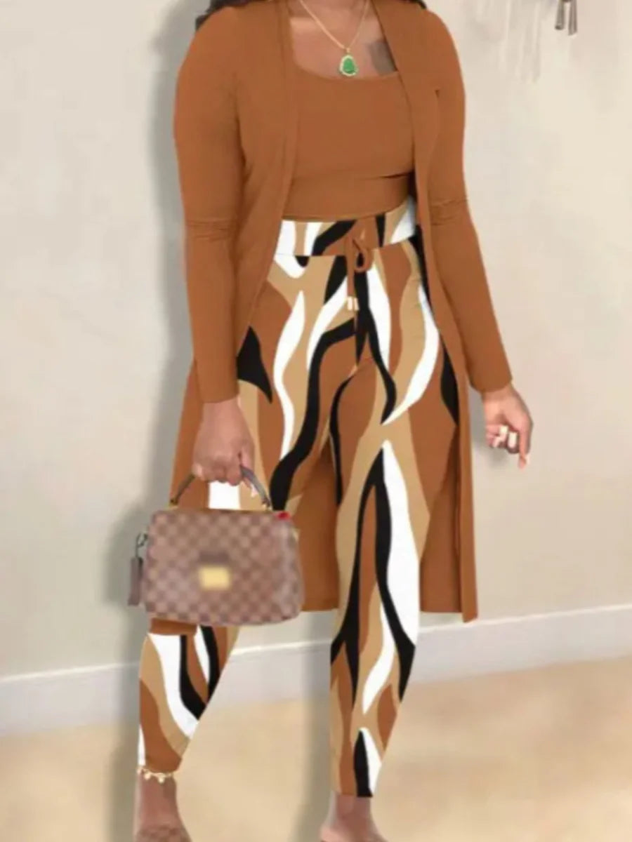 LW Plus Size Autumn Winter 2 Piece Sets Women Outfit Cami Pattern U Neck Long Sleeve Drawstring Three Piece Skinny Pants Set
