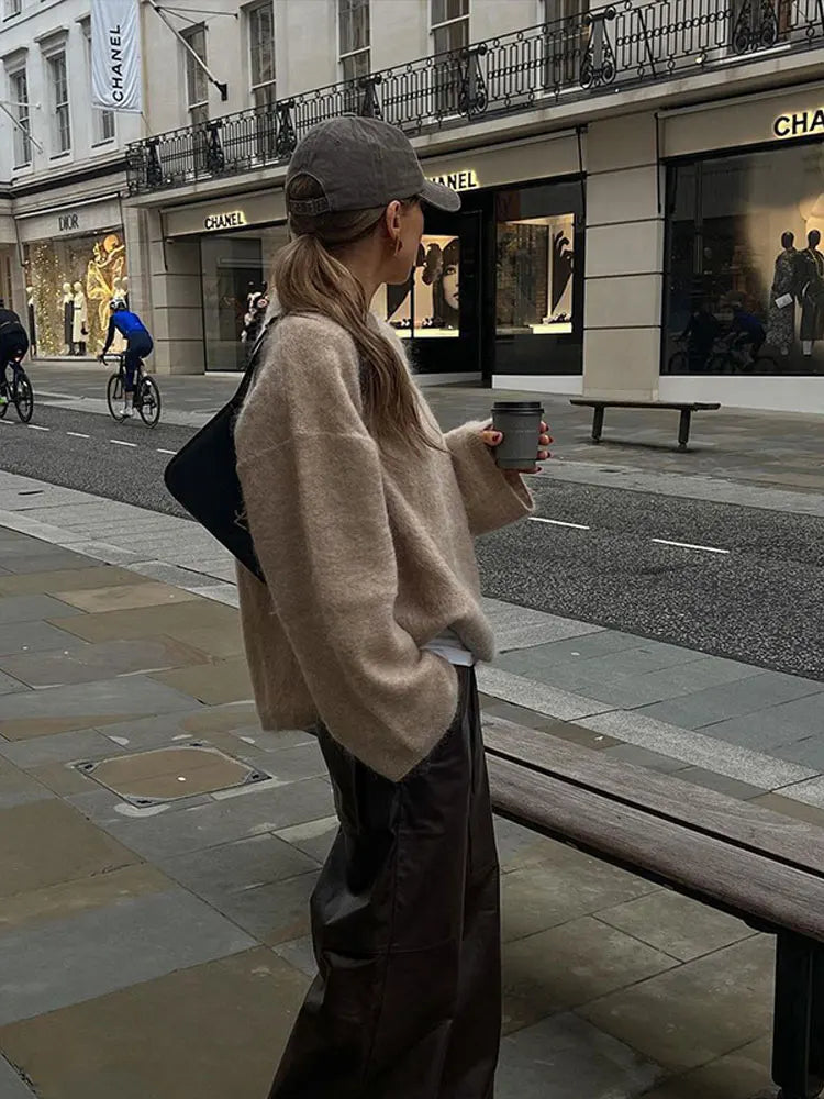 Soft Solid Mohair Knitted Pullover For Women Casual Loose O-neck Long Sleeve Sweater 2024 Autumn New Female High Street Knitwear