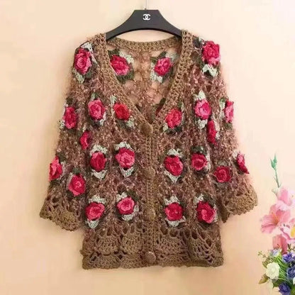 Suéter de ganchillo calado con flores tridimensionales para mujer, cárdigan de primavera y otoño, nuevo suéter Joker de la industria pesada, abrigo 3XL