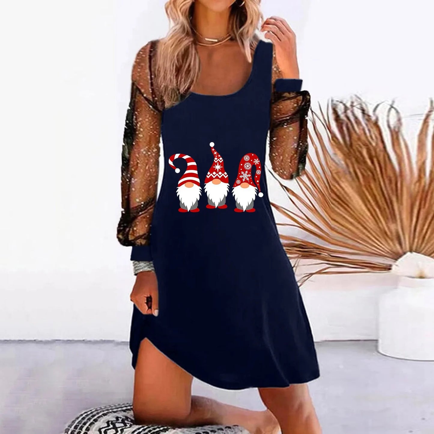 Winter Classic Dresses Women'S Christmas Gifts Square Neck Dress Mesh Spliced Sleeve Loose Fitting Vestidos For Women Trendy