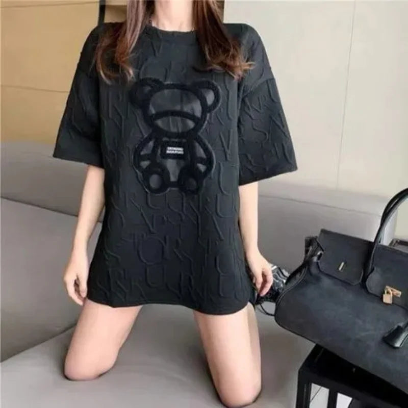 Women Summer Short Sleeve T Shirts Casual Cartoon Bear Loose T-shirts O-neck Basic Crop Tops High Streetwear New Fashion Tees