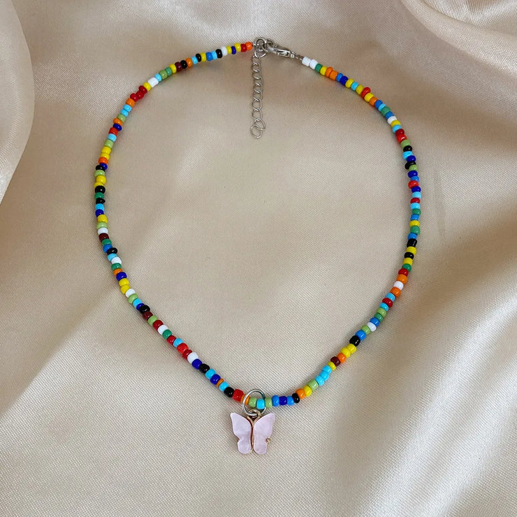 Fashion Beaded Pearl Butterfly Necklace for Women Teens Vintage Pink White Acrylic Butterfly Clavicle Necklace Party Jewelry