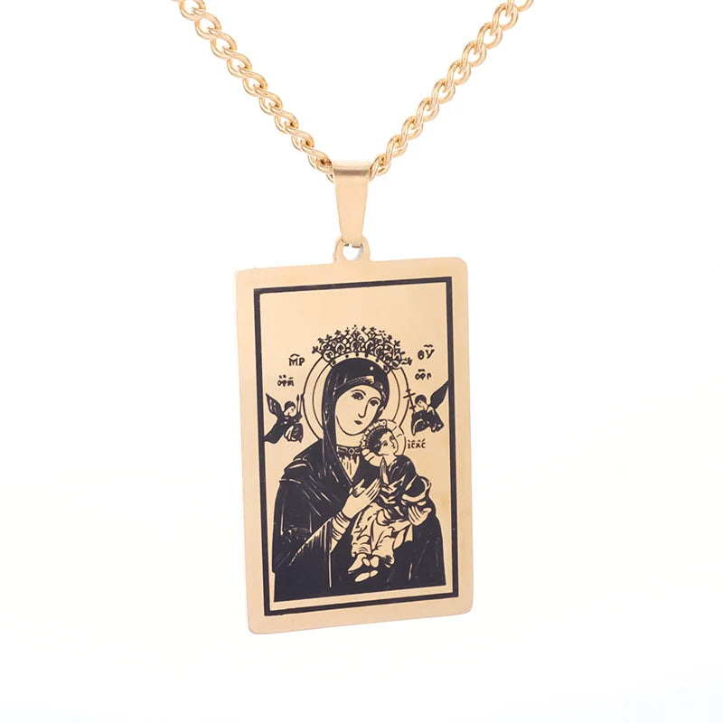 Colgante clásico católico de la Virgen María de Guadalupe con cruz de circonitas, collar de oración para mujer