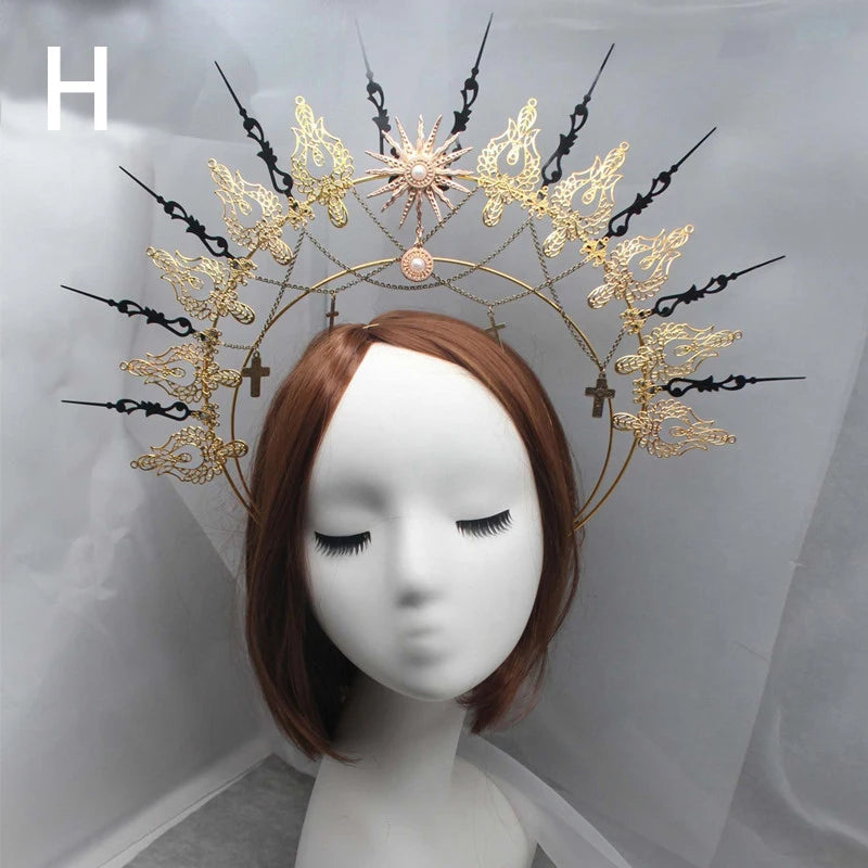 Diadema gótica Lolita con halo, diadema barroca de reina y princesa, diadema de diosa del sol y diablo, accesorios para el cabello punk de Halloween