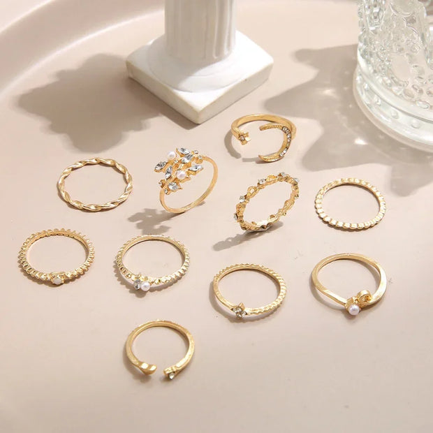 Boho Gold Color Heart Rings Set For Women Vintage Geometric Cross Pearl Butterfly Finger Rings Female Trendy Jewelry Gift