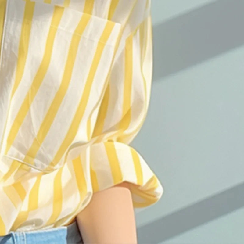 2024 New Summer Korean Aesthetic Loose Casual Office Lady Women's Shirt Pocket Mixed Cotton V Neck Long Sleeve Striped Y2K Tops