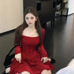 Autumn/winter Velvet Dress Red Engagement Birthday Party Mini Dress Christmas Square Collar Fishbone Puff Skirt For Women