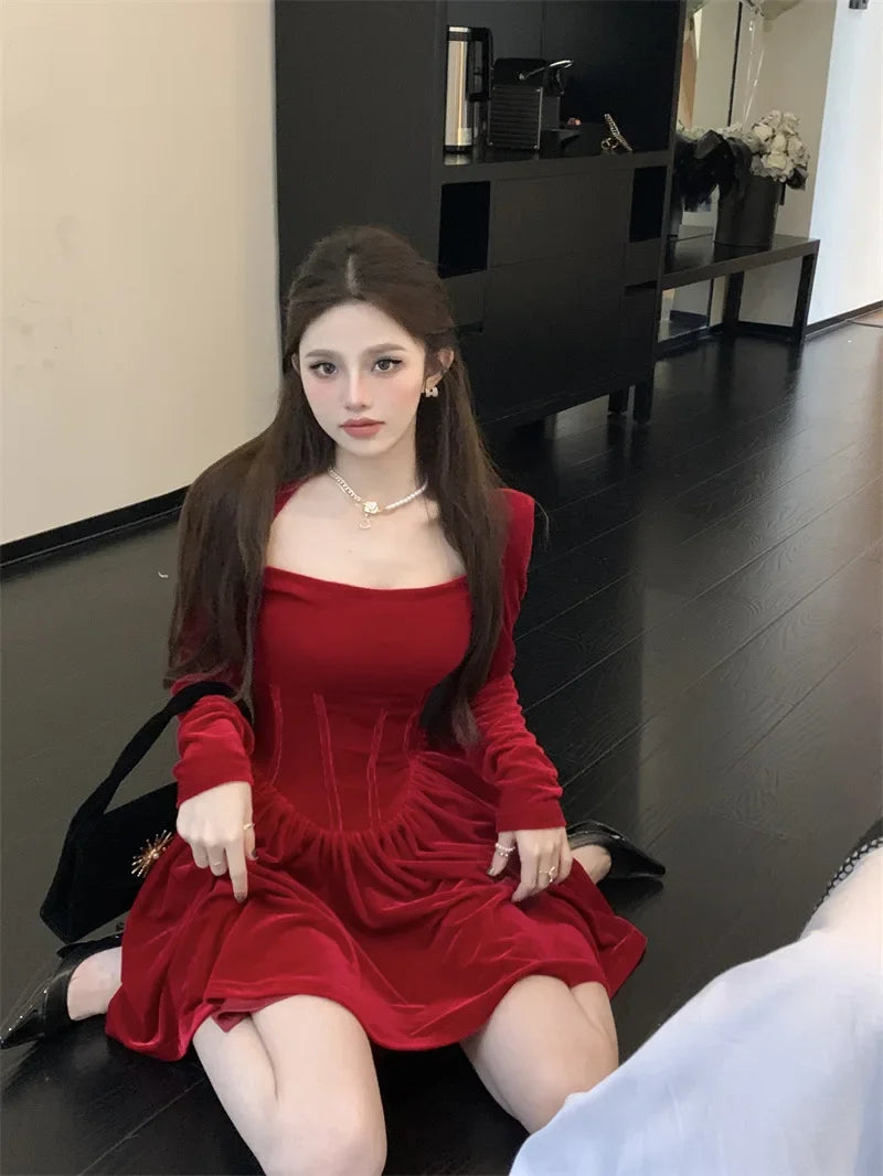 Autumn/winter Velvet Dress Red Engagement Birthday Party Mini Dress Christmas Square Collar Fishbone Puff Skirt For Women