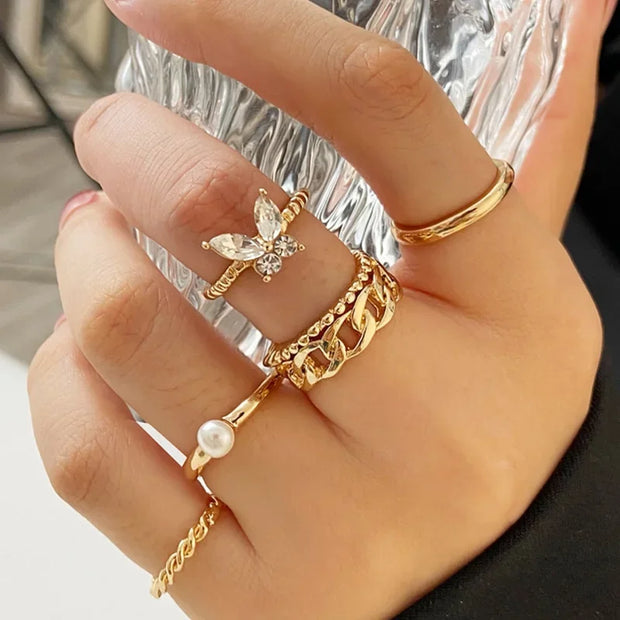 Boho Gold Color Heart Rings Set For Women Vintage Geometric Cross Pearl Butterfly Finger Rings Female Trendy Jewelry Gift