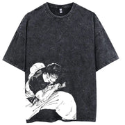 Men Streetwear Washed Acid Oversized T Shirt Japanese Anime Retro Worn Graphic Print T-Shirt Summer Cotton Short Sleeve Tees