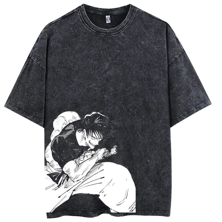 Men Streetwear Washed Acid Oversized T Shirt Japanese Anime Retro Worn Graphic Print T-Shirt Summer Cotton Short Sleeve Tees