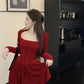 Autumn/winter Velvet Dress Red Engagement Birthday Party Mini Dress Christmas Square Collar Fishbone Puff Skirt For Women