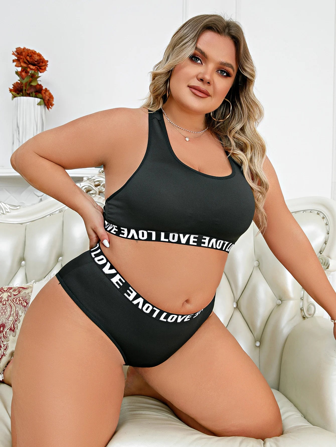 2Pcs Plus Size Casual Lingerie Set Women's Plus Letter Tape Racer Back Seamless Wire Free Bra Underwear