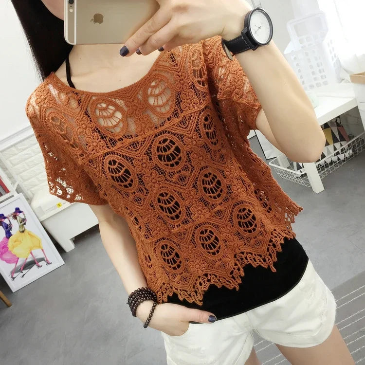 Summer New Crocheted Hollow Lace Shirt Women's Loose Short Short Sleeve T-shirt Top Bottoming Shirt Women's