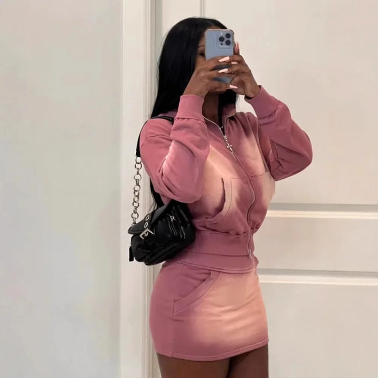 FAGADOER Tie Dye Retro Street 2pcs Sets Women Outfits Fashion Zip Pockets Crop Jacket And Mini Skirts Y2K Streetwear Suits New