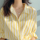 2024 New Summer Korean Aesthetic Loose Casual Office Lady Women's Shirt Pocket Mixed Cotton V Neck Long Sleeve Striped Y2K Tops