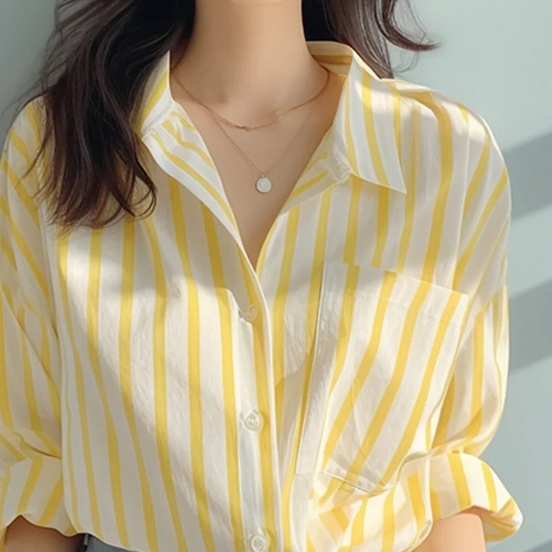 2024 New Summer Korean Aesthetic Loose Casual Office Lady Women's Shirt Pocket Mixed Cotton V Neck Long Sleeve Striped Y2K Tops
