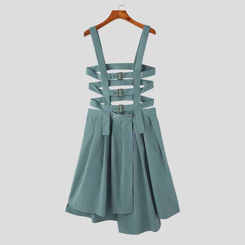 INCERUN 2023 American Style Mens Pleated Design Skirts Pants Casual Street Irregular Hem Solid Straps Half Skirt Jumpsuits S-5XL