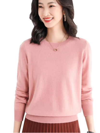 YSZWDBDLX Suéter de mujer Primavera Otoño Cuello redondo Suelto Sólido Cachemira Suéteres de mujer Camisa básica de fondo Tops de punto