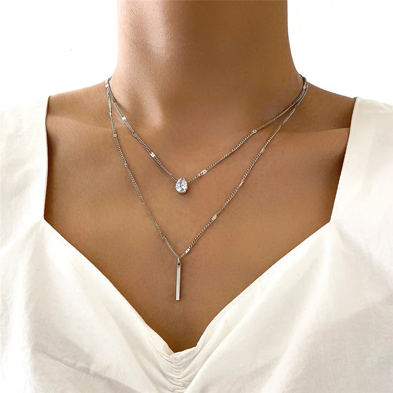 Fashion Crystal Zircon Heart Star Charm Layered Pendant Necklace Set for Women Charms Square Rhinestone Female Vintage Jewelry