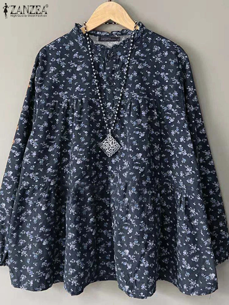 Vintage Long Sleeve Blusas Retro ZANZEA Causal Floral Printing Blouse Holiday Ruffles Neck Tops 2024 Autumn Loose Shirts Femme