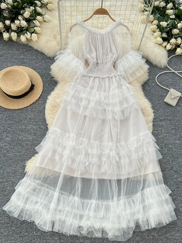 SINGREINY Elegante Vestido de Malla con Mangas Acampanadas y Hombros Descubiertos, Fruncido, Sólido, para Mujer, Otoño, Vestidos de Fiesta de Lujo para Personas Mayores