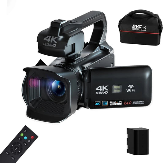 Cámara de video digital 4K 60FPS, 64 MP, para fotografía, YouTube, vlogs, transmisión en vivo, cámara web, zoom 18X, pantalla táctil giratoria de 4 pulgadas