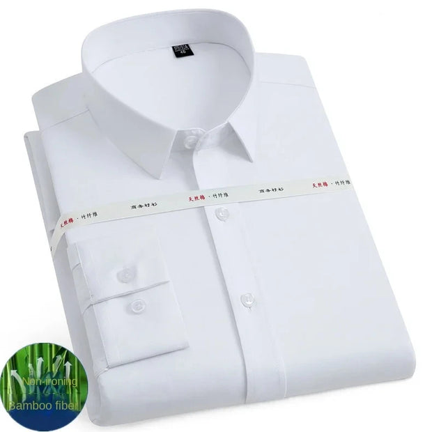 High quality men's long sleeved bamboo fiber shirt comfortable breathable business social formal top white blue gray 6XL-7XL-8XL