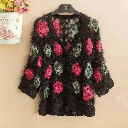 Three-Dimensional Flower Openwork Crocheted Sweater Cardigan Women's Spring And Autumn New Heavy Industry Joker Sweater 3XL Coat