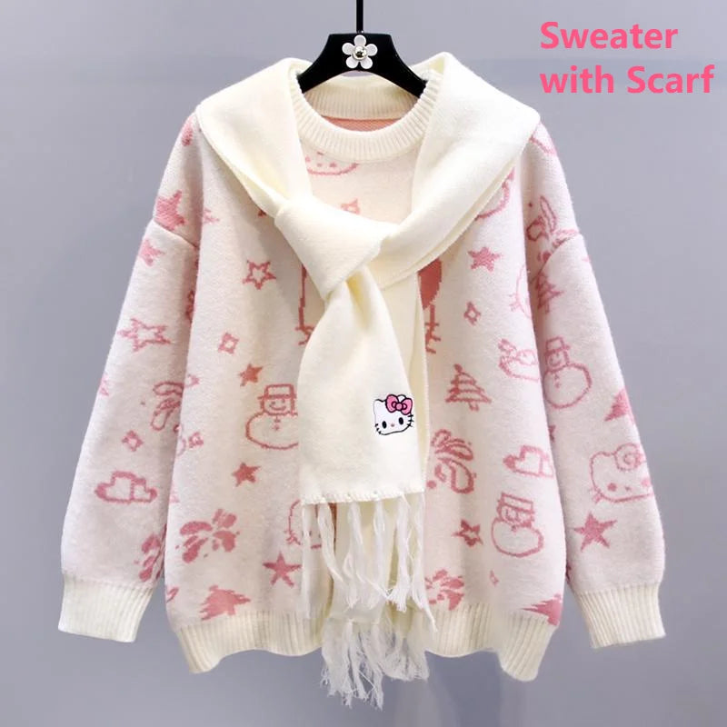 Suéter de punto navideño de Hello Kitty con bufanda para mujer, estilo Y2k, Sanrio, con dibujos animados, informal, holgado, de punto