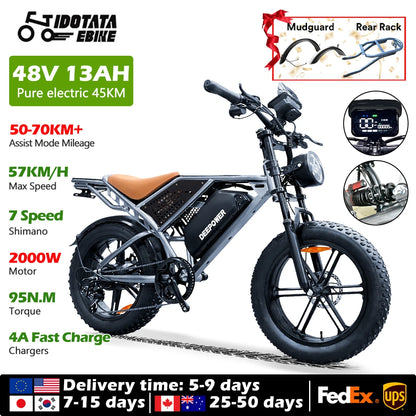Bicicleta eléctrica IDOTATA-S7 para adultos, batería doble, 48 V, 70 Ah, 20 pulgadas, neumáticos anchos 4.0, bicicleta eléctrica para nieve y montaña, 2000 W