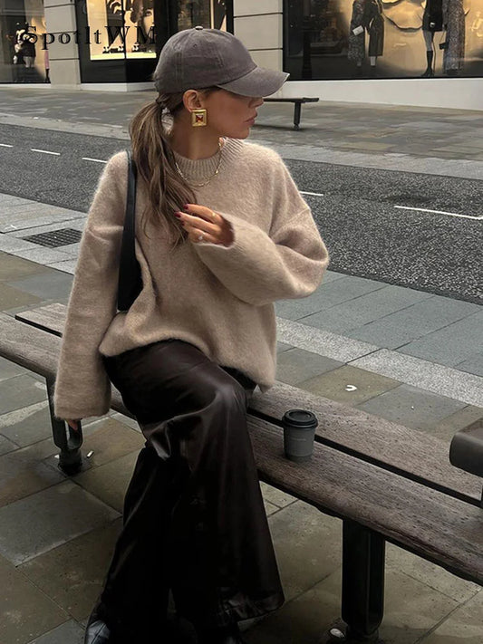 Soft Solid Mohair Knitted Pullover For Women Casual Loose O-neck Long Sleeve Sweater 2024 Autumn New Female High Street Knitwear