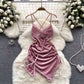 Spring Summer Sexy Lace Mesh Classical Metal Buckle With Hairball Jumpsuit Single-Breasted Eastern Style Stand Collar Bodysuit